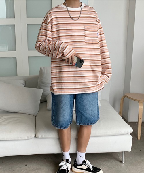 MGV(エムジーヴィー)の「マルチボーダーワンポイントタグロンT(Tシャツ/カットソー・メンズ・ブルー/オレンジ・X-LARGE/LARGE/MEDIUM)」の9枚目の写真