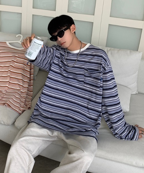MGV(エムジーヴィー)の「マルチボーダーワンポイントタグロンT(Tシャツ/カットソー・メンズ・ブルー/オレンジ・X-LARGE/LARGE/MEDIUM)」の13枚目の写真
