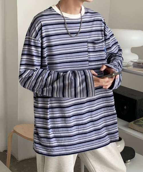 MGV(エムジーヴィー)の「マルチボーダーワンポイントタグロンT(Tシャツ/カットソー・メンズ・ブルー/オレンジ・X-LARGE/LARGE/MEDIUM)」の14枚目の写真