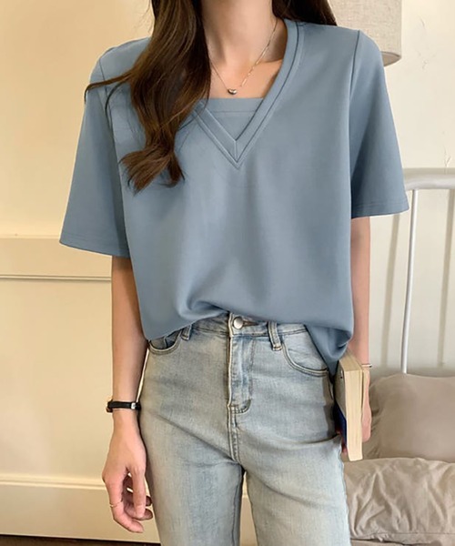 Ulysses（ユリシス）の「Vネック重ね着デザインTシャツ（Tシャツ/カットソー・レディース・ホワイト/ブラック/グリーン/ブルーグレー・F）」の4枚目の写真