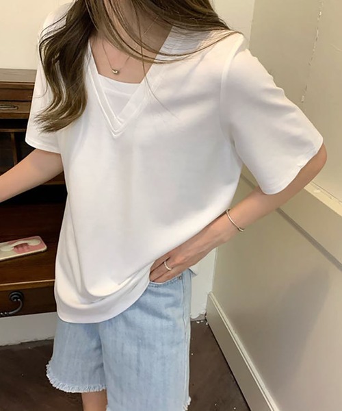 Ulysses（ユリシス）の「Vネック重ね着デザインTシャツ（Tシャツ/カットソー・レディース・ホワイト/ブラック/グリーン/ブルーグレー・F）」の11枚目の写真