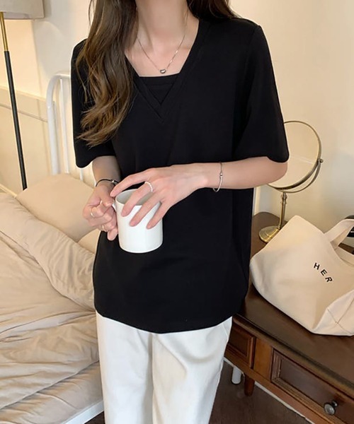 Ulysses（ユリシス）の「Vネック重ね着デザインTシャツ（Tシャツ/カットソー・レディース・ホワイト/ブラック/グリーン/ブルーグレー・F）」の13枚目の写真