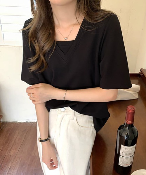 Ulysses（ユリシス）の「Vネック重ね着デザインTシャツ（Tシャツ/カットソー・レディース・ホワイト/ブラック/グリーン/ブルーグレー・F）」の14枚目の写真