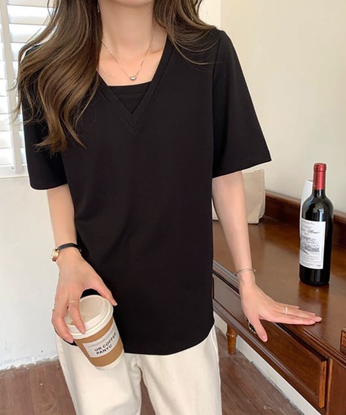 Ulysses（ユリシス）の「Vネック重ね着デザインTシャツ（Tシャツ/カットソー・レディース・ホワイト/ブラック/グリーン/ブルーグレー・F）」の18枚目の写真