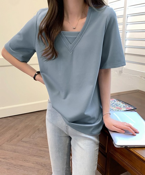 Ulysses（ユリシス）の「Vネック重ね着デザインTシャツ（Tシャツ/カットソー・レディース・ホワイト/ブラック/グリーン/ブルーグレー・F）」の19枚目の写真