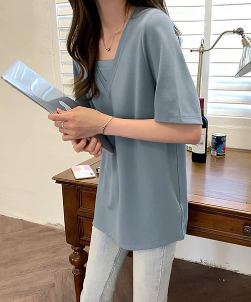 Ulysses（ユリシス）の「Vネック重ね着デザインTシャツ（Tシャツ/カットソー・レディース・ホワイト/ブラック/グリーン/ブルーグレー・F）」の20枚目の写真