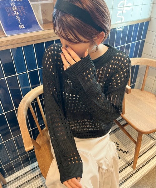 Ambre Ciel（アンブルシエル）の「ランダムメッシュトップス／【WEB/EC限定商品】（ニット/セーター・レディース・ブラック/アイボリー・FREE）」の2枚目の写真
