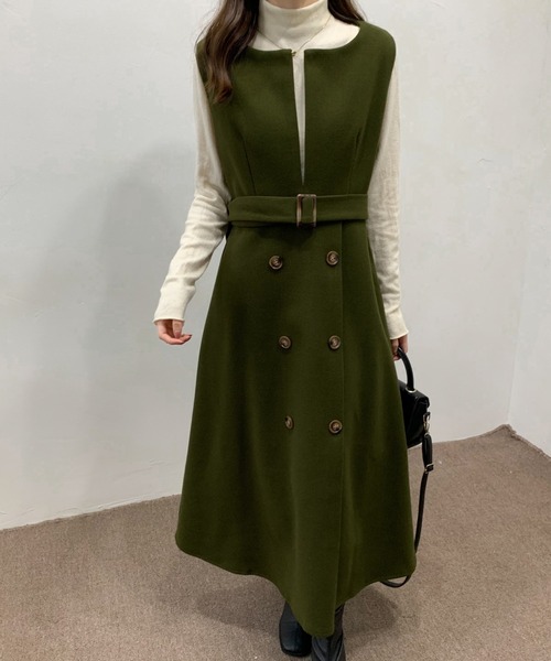 ECLIN(エクラン)の「ウエストマークスリットロングジャンパースカート(ジャンパースカート・レディース・ブラック/ベージュ/カーキ/ブルー/モカ・M/L)」の7枚目の写真