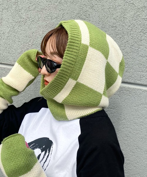 WHO'S WHO gallery（フーズフーギャラリー）の「チェッカーバラクラバ（ニットキャップ/ビーニー・レディース・サックスブルー/チャコールグレー×ブラック/ホワイト×ライム・FREE）」の2枚目の写真