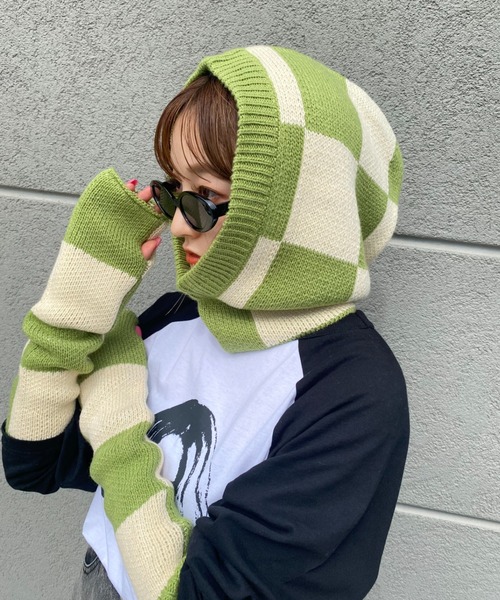 WHO'S WHO gallery（フーズフーギャラリー）の「チェッカーバラクラバ（ニットキャップ/ビーニー・レディース・サックスブルー/チャコールグレー×ブラック/ホワイト×ライム・FREE）」の4枚目の写真