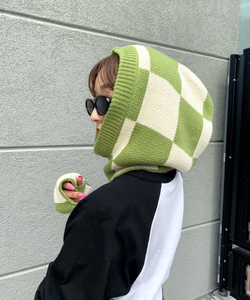 WHO'S WHO gallery（フーズフーギャラリー）の「チェッカーバラクラバ（ニットキャップ/ビーニー・レディース・サックスブルー/チャコールグレー×ブラック/ホワイト×ライム・FREE）」の5枚目の写真