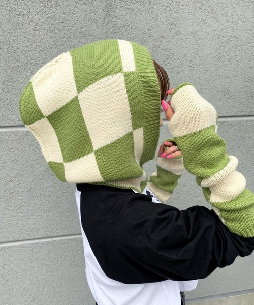 WHO'S WHO gallery（フーズフーギャラリー）の「チェッカーバラクラバ（ニットキャップ/ビーニー・レディース・サックスブルー/チャコールグレー×ブラック/ホワイト×ライム・FREE）」の6枚目の写真