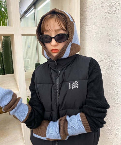 WHO'S WHO gallery（フーズフーギャラリー）の「チェッカーバラクラバ（ニットキャップ/ビーニー・レディース・サックスブルー/チャコールグレー×ブラック/ホワイト×ライム・FREE）」の8枚目の写真