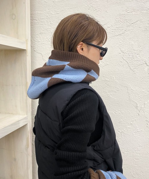 WHO'S WHO gallery（フーズフーギャラリー）の「チェッカーバラクラバ（ニットキャップ/ビーニー・レディース・サックスブルー/チャコールグレー×ブラック/ホワイト×ライム・FREE）」の11枚目の写真