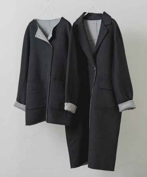 PUAL CE CIN（ピュアルセシン）の「リバーシブル リバーミドルコート（ノーカラーコート・レディース・ブラック/ベージュ/ネイビー・FREE）」の8枚目の写真