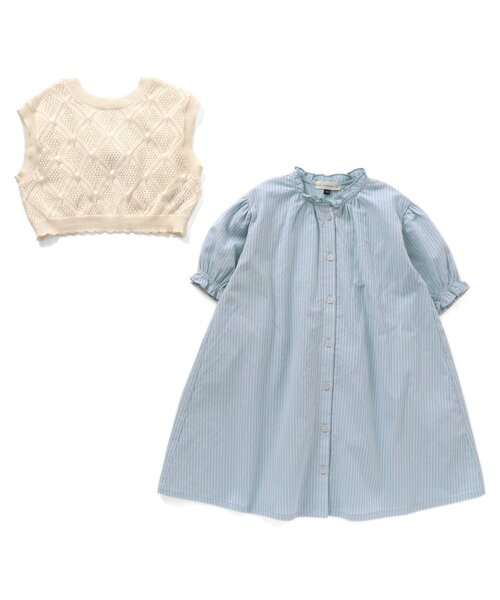 Seraph（セラフ）の「ベスト付きワンピース（シャツワンピース・キッズ・オフホワイト/サックスブルー・110/95/130/80/90/120/100/140）」の9枚目の写真