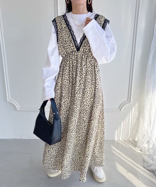 ヒョウ柄 長袖 ティアードロングワンピース ヒョウ柄 長袖 ティアード
