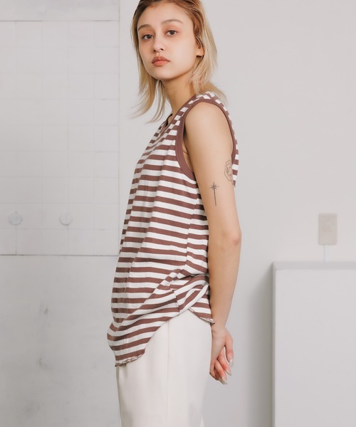 MILLER（ミラー）の「▲R.P.miller/ミラー Prib Tanktop ボーダー 切りっぱなし タンクトップ（タンクトップ・レディース・オフホワイト/モカ/ブルー/ネイビー・FREE）」の20枚目の写真