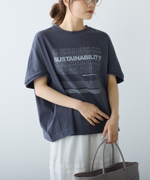 PUAL CE CIN（ピュアルセシン）の「オーガニックコットンショート丈Tシャツ（Tシャツ/カットソー・レディース・ブルー/オフホワイト/チャコールグレー・FREE）」の3枚目の写真