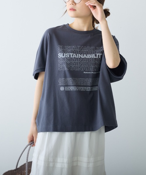 PUAL CE CIN（ピュアルセシン）の「オーガニックコットンショート丈Tシャツ（Tシャツ/カットソー・レディース・ブルー/オフホワイト/チャコールグレー・FREE）」の14枚目の写真