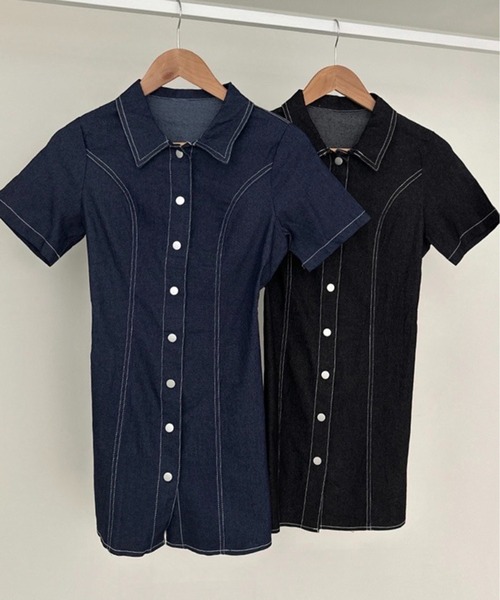 Chick（チック）の「Denim Mini Dress / デニムミニワンピース（ワンピース・レディース・ブラック/ブルー・FREE）」の5枚目の写真