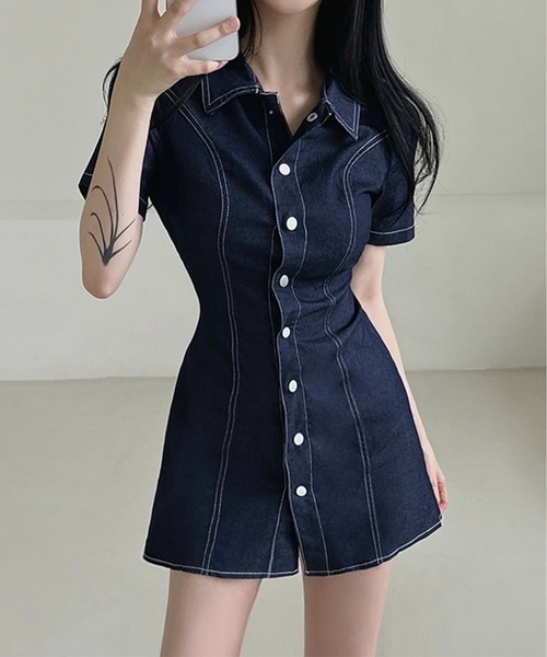 Chick（チック）の「Denim Mini Dress / デニムミニワンピース（ワンピース・レディース・ブラック/ブルー・FREE）」の7枚目の写真