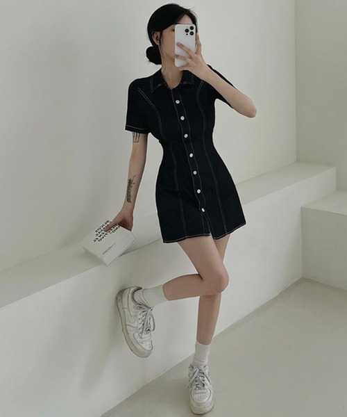 Chick（チック）の「Denim Mini Dress / デニムミニワンピース（ワンピース・レディース・ブラック/ブルー・FREE）」の6枚目の写真