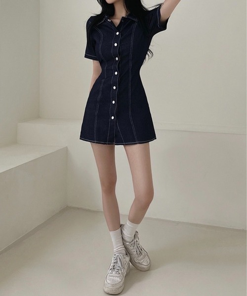 Chick（チック）の「Denim Mini Dress / デニムミニワンピース（ワンピース・レディース・ブラック/ブルー・FREE）」の4枚目の写真