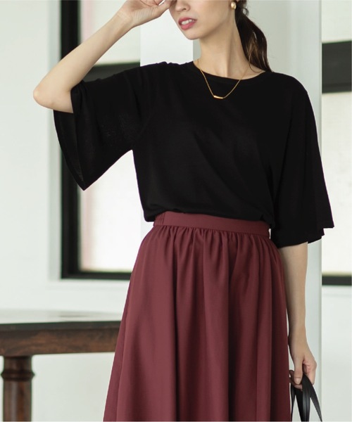 OPAQUE.CLIP（オペークドットクリップ）の「◆ドライタッチ UVフレアスリーブニット【洗濯機洗い可/UV/接触冷感/抗ピリング】（ニット/セーター・レディース・ブラウン系3/ブラック/ライトブルー/ピンク/ベージュ系2/ピンク系・36/38/40/42）」の7枚目の写真