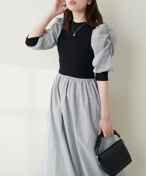 natural couture(ナチュラルクチュール)の「WEB限定 / 袖コンシャスドッキング6分袖ワンピース(ワンピース・レディース・ブラック/ネイビー/その他1/その他2・FREE)」の3枚目の写真