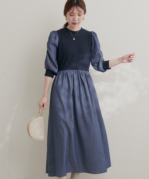 natural couture(ナチュラルクチュール)の「WEB限定 / 袖コンシャスドッキング6分袖ワンピース(ワンピース・レディース・ブラック/ネイビー/その他1/その他2・FREE)」の9枚目の写真