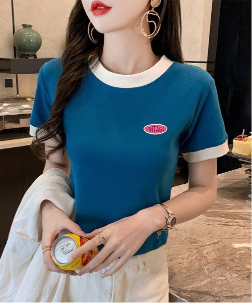 B.I.D.(ビーアイディー)の「《Lilamusant(リラミュゾン)》配色ワンポイントロゴ半袖リンガーTee(Tシャツ/カットソー・レディース・ブルー/アイボリー/テラコッタ・M/L)」の8枚目の写真