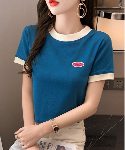 B.I.D.(ビーアイディー)の「《Lilamusant(リラミュゾン)》配色ワンポイントロゴ半袖リンガーTee(Tシャツ/カットソー・レディース・ブルー/アイボリー/テラコッタ・M/L)」の4枚目の写真