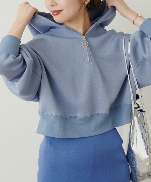 natural couture（ナチュラルクチュール）の「ハーフZIPダンボールショート丈プルパーカー（パーカー・レディース・ブラック/オフホワイト/ブルー/ベージュ・FREE）」の21枚目の写真