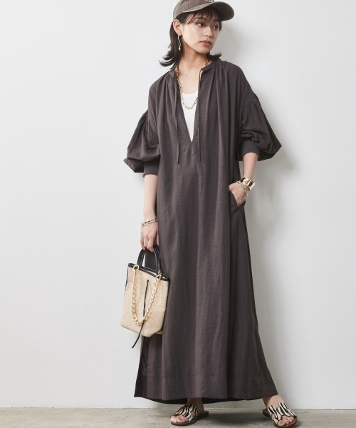 CHIC STYLE（シックスタイル）の「＜大きいサイズ＞レーヨン麻パフスリーブマキシワンピース シックスタイル（ワンピース・レディース・ベージュ系/オレンジ/チャコールグレー・L/LL/3L/4L/5L）」の10枚目の写真