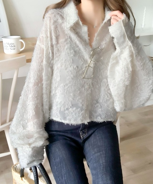 mily bilet(ミウィビレット)の「【mily bilet】1枚で華やか。シャギーシアージャガードクロップドシャツ(シャツ/ブラウス・レディース・ブラック/アイボリー・LARGE/MEDIUM/SMALL/X-LARGE)」の7枚目の写真