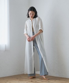 シアーストライプバンドカラーシャツワンピース