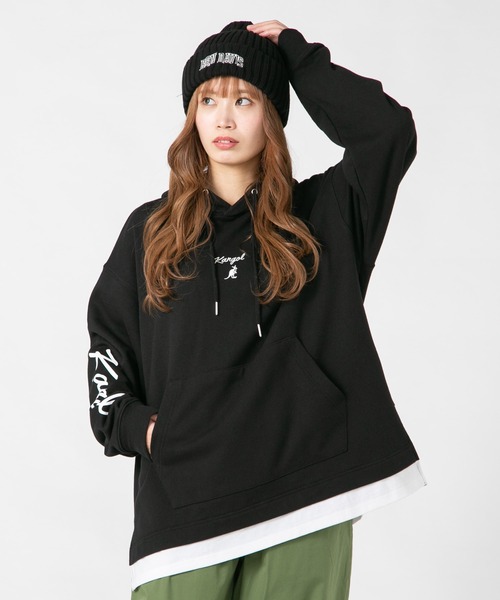KANGOL(カンゴール)の「【KANGOL/カンゴール】 フェイクレイヤード 袖プリント ビッグシルエット 裏毛フーディー プルオーバーパーカー(パーカー・メンズ・ブラック/グレー/ライトグリーン・MEDIUM/LARGE/X-LARGE)」の2枚目の写真