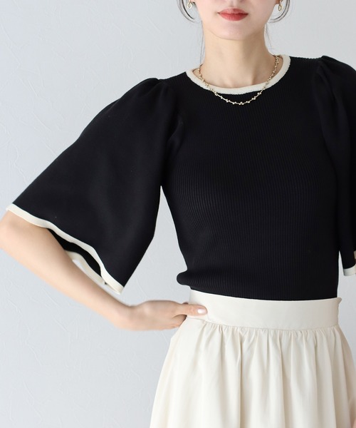 BLUEEAST(ブルーイースト)の「配色フレアスリーブ五分袖ニット(ニット/セーター・レディース・アイボリー/ブラック/ベージュ/ミント・MEDIUM)」の3枚目の写真