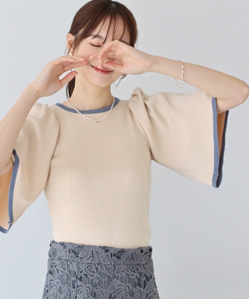 BLUEEAST(ブルーイースト)の「配色フレアスリーブ五分袖ニット(ニット/セーター・レディース・アイボリー/ブラック/ベージュ/ミント・MEDIUM)」の20枚目の写真