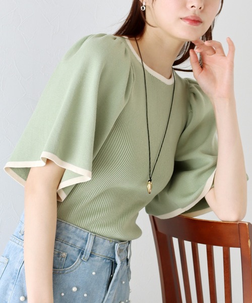 BLUEEAST(ブルーイースト)の「配色フレアスリーブ五分袖ニット(ニット/セーター・レディース・アイボリー/ブラック/ベージュ/ミント・MEDIUM)」の12枚目の写真