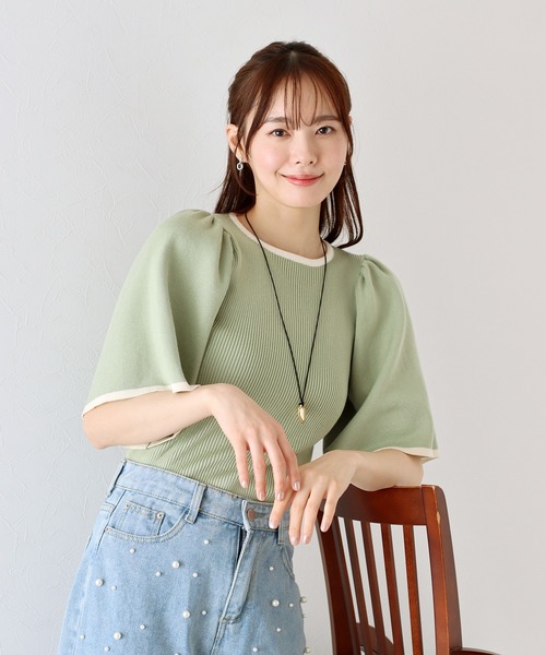 BLUEEAST(ブルーイースト)の「配色フレアスリーブ五分袖ニット(ニット/セーター・レディース・アイボリー/ブラック/ベージュ/ミント・MEDIUM)」の5枚目の写真