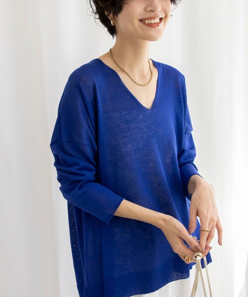 NOLLEY'S パエーゼVネックプルオーバーサマーニット 24SS 麻混 青系 NOLLEY'S パエーゼVネックプルオーバーサマーニット 24SS 麻混