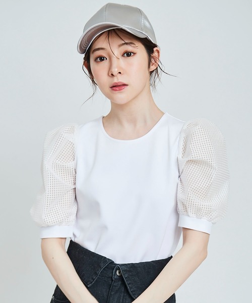 31 Sons de mode（トランテアン　ソン　ドゥ　モード）の「メッシュスリーブトップス（Tシャツ/カットソー・レディース・ブラック/オフホワイト・36）」の2枚目の写真