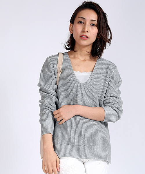 FREAK'S STORE（フリークスストア）の「畦編みコットンVネックニット（ニット/セーター・レディース・ネイビー/ホワイト/グレー・ﾌﾘ-）」の3枚目の写真