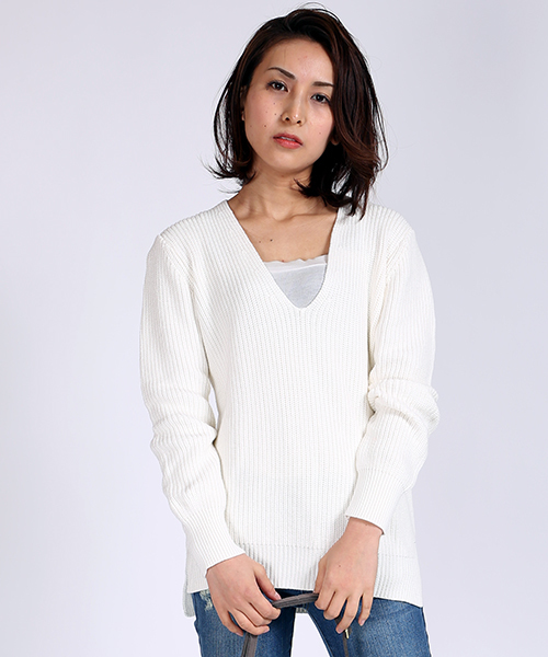 FREAK'S STORE（フリークスストア）の「畦編みコットンVネックニット（ニット/セーター・レディース・ネイビー/ホワイト/グレー・ﾌﾘ-）」の2枚目の写真