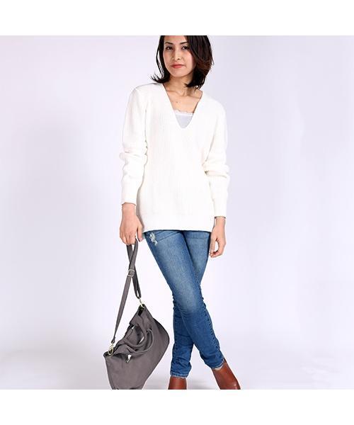 FREAK'S STORE（フリークスストア）の「畦編みコットンVネックニット（ニット/セーター・レディース・ネイビー/ホワイト/グレー・ﾌﾘ-）」の17枚目の写真