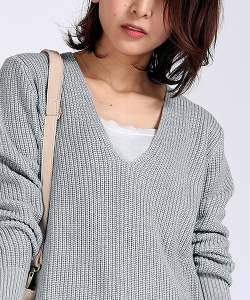 FREAK'S STORE（フリークスストア）の「畦編みコットンVネックニット（ニット/セーター・レディース・ネイビー/ホワイト/グレー・ﾌﾘ-）」の4枚目の写真