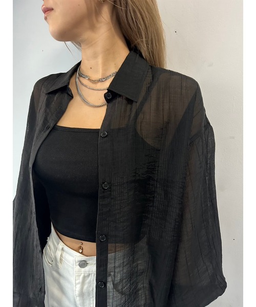 EGOIST（エゴイスト）の「ビッグシルエットシアーシャツ（シャツ/ブラウス・レディース・ピンク/グレー/ホワイト/ブラック・FREE）」の7枚目の写真