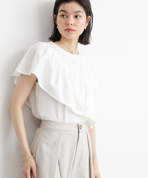 THE SHOP TK (ザ ショップ ティーケー )の「◆【UV/接触冷感/洗濯OK/毛玉になりにくい】アシメフリルプルオーバー(Tシャツ/カットソー・レディース・ブラック/オフホワイト・12/11/13)」の2枚目の写真